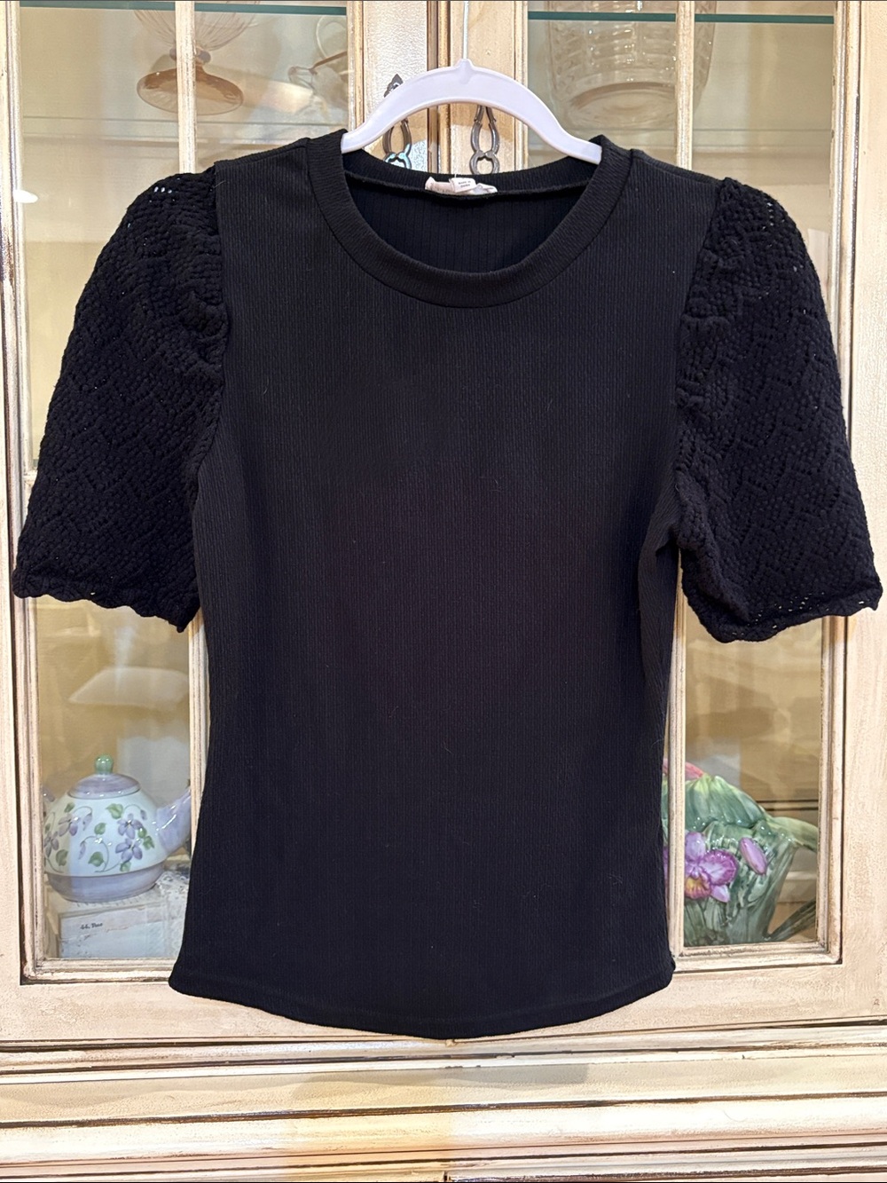 Blu Pepper Black Knit Top with Crochet Puff Sleeves
